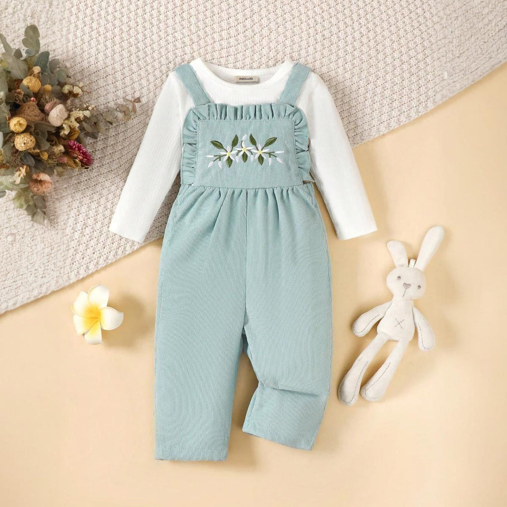 Girls Full Sleeves Sweatshirt with Embroidered Dungaree Sets Green 6-9 M 