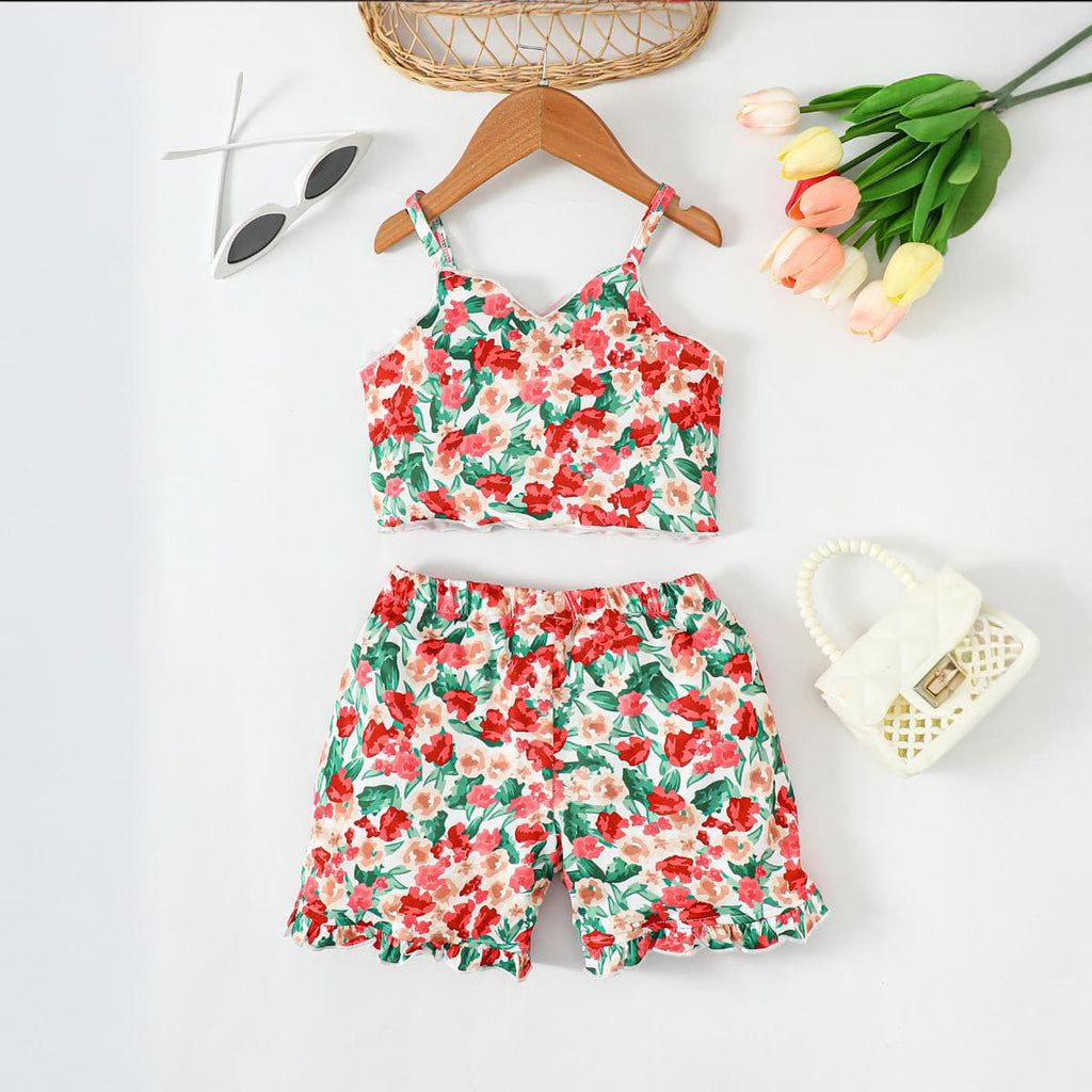 Girls Floral Print Shoulder Strap Crop Top with Shorts Set Sets Red 4-5 Y 