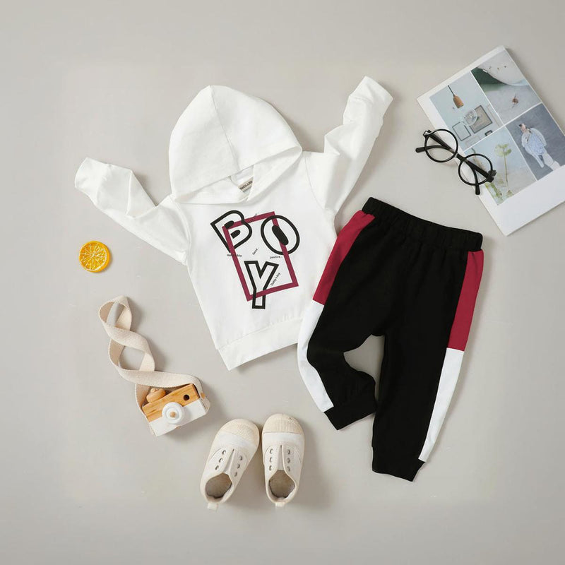 Boys Printed Hooded Knitted Sweatshirt with Trouser Set Sets White 6-12 M 