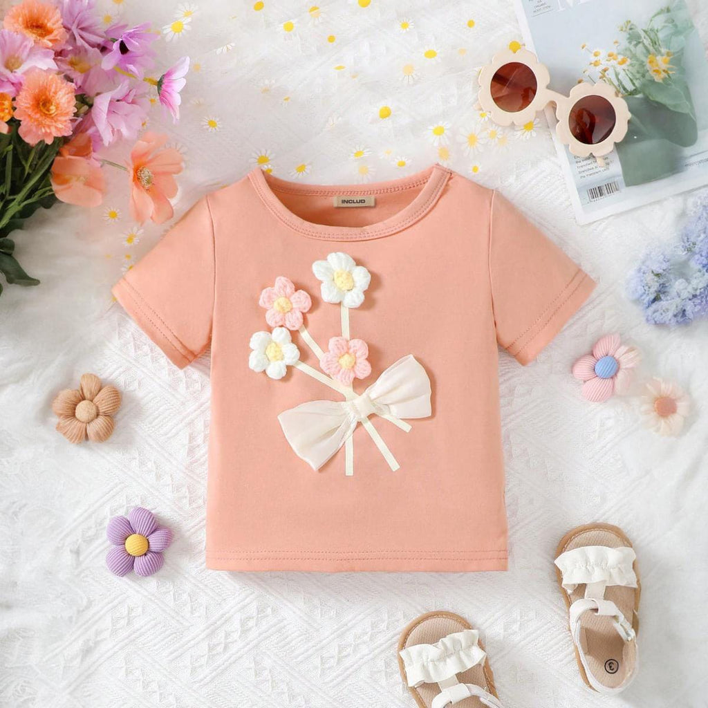 Girls Peach 3D Flower Short Sleeves T-Shirt Tshirts Pink 6-9 M 