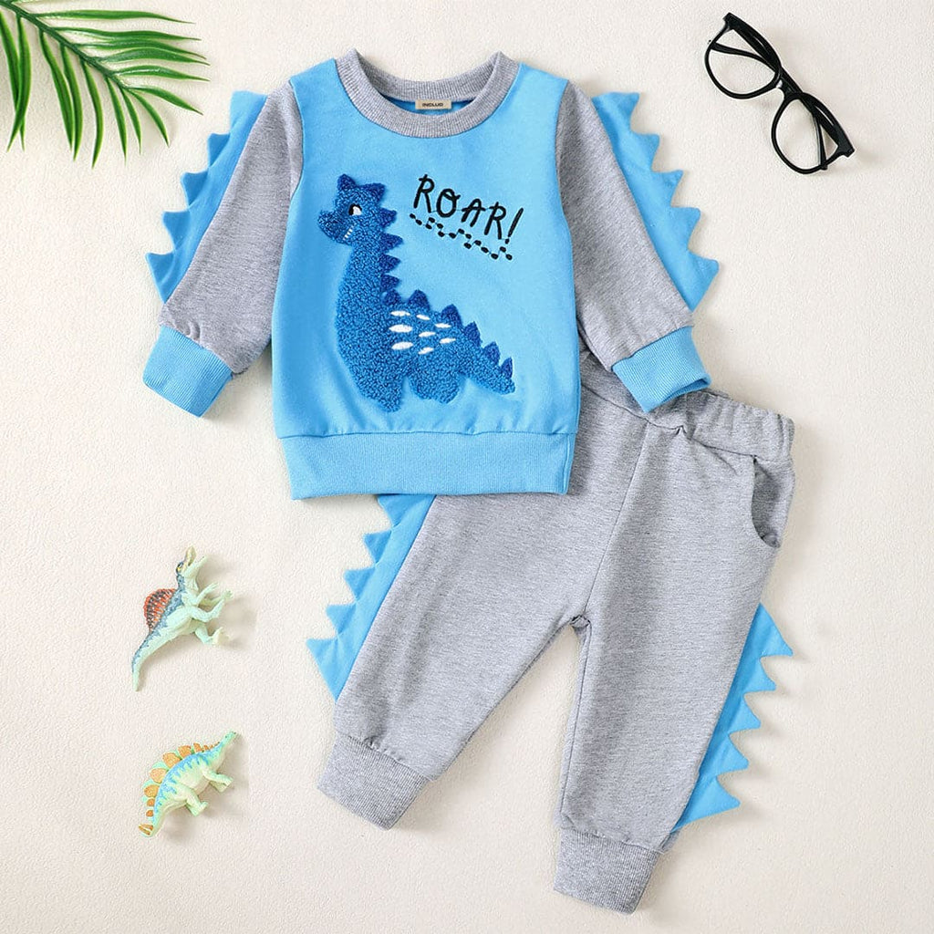 Boys Blue Dinosaur Embroidered Sweatshirt with Sweatpants Set Sets Blue 3-6 M 