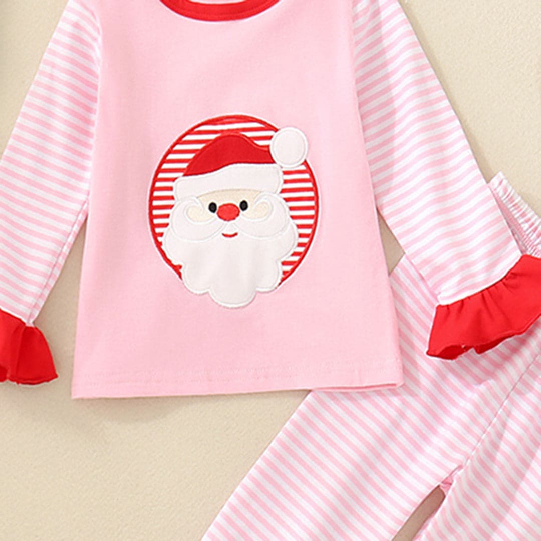 Girls Pink Striped Santa Patchwork Full Sleeves T-shirt with Pants Set Sets   