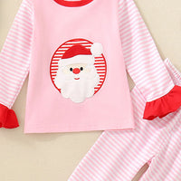 Girls Pink Striped Santa Patchwork Full Sleeves T-shirt with Pants Set Sets   