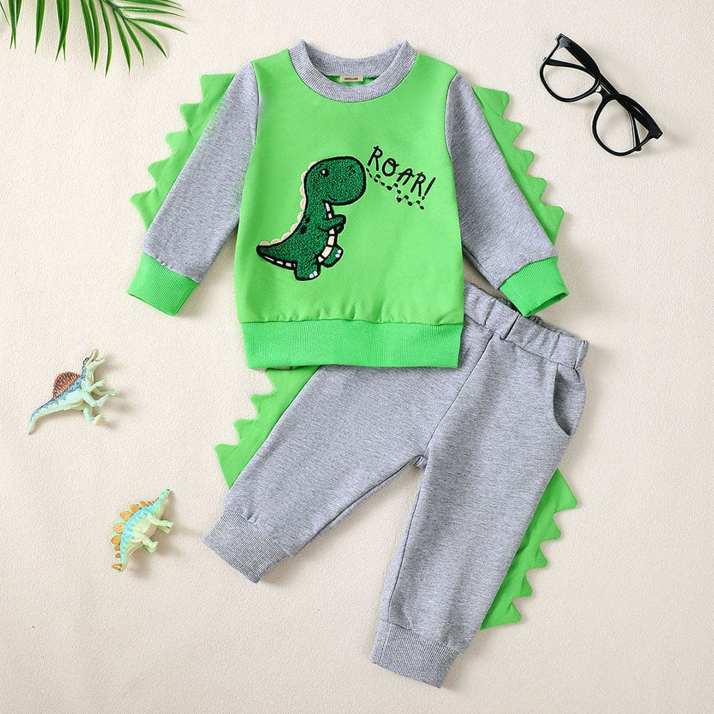 Boys Green Dinosaur Embroidered Sweatshirt With Sweatpants Set Sets Green 3-6 M 