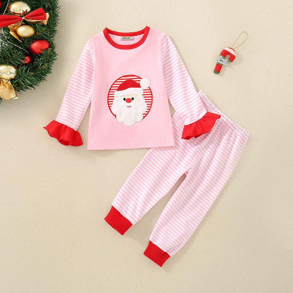 Girls Pink Striped Santa Patchwork Full Sleeves T-shirt with Pants Set Sets Pink 3-6 M 