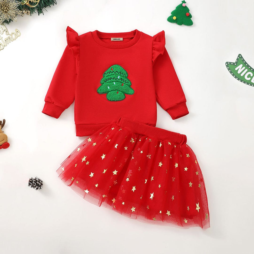 Girls Red Christmas Tree Patch Work Sweatshirt with Pants Set Sets Red 3-6 M 