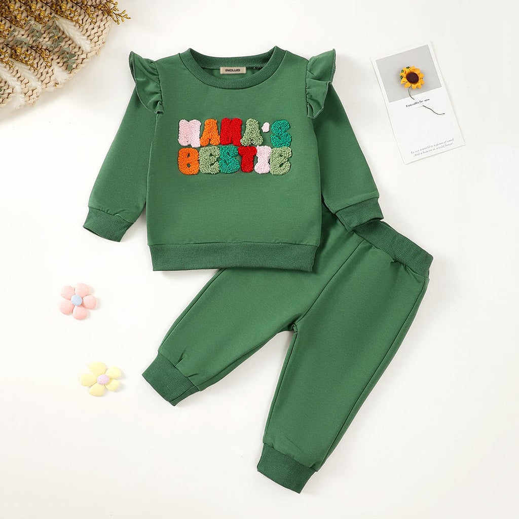 Girls Dark Green Full Sleeves Sweatshirt with Pants Set Sets Green 3-6 M 