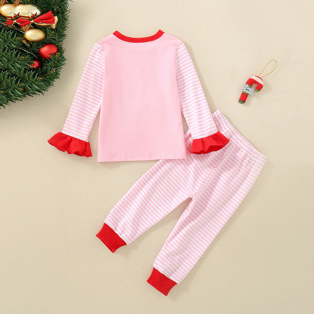 Girls Pink Striped Santa Patchwork Full Sleeves T-shirt with Pants Set Sets   