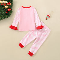 Girls Pink Striped Santa Patchwork Full Sleeves T-shirt with Pants Set Sets   