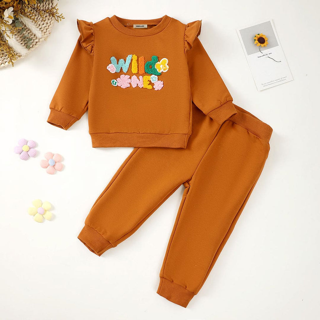 Girls Brown Textured Full Sleeves Sweatshirt with Pants Set Sets Brown 3-6 M 