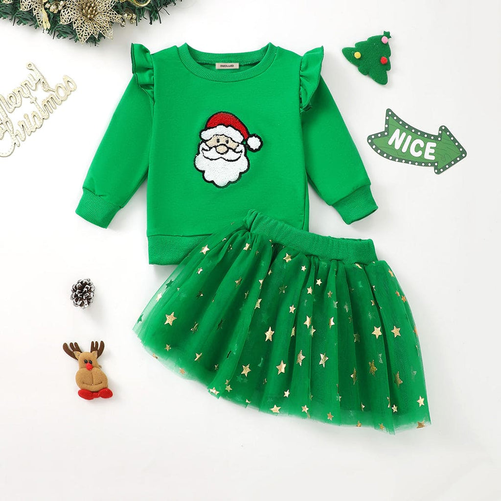 Girls Green Santa Patch Work Sweatshirt with Skirt Set Sets Green 3-6 M 