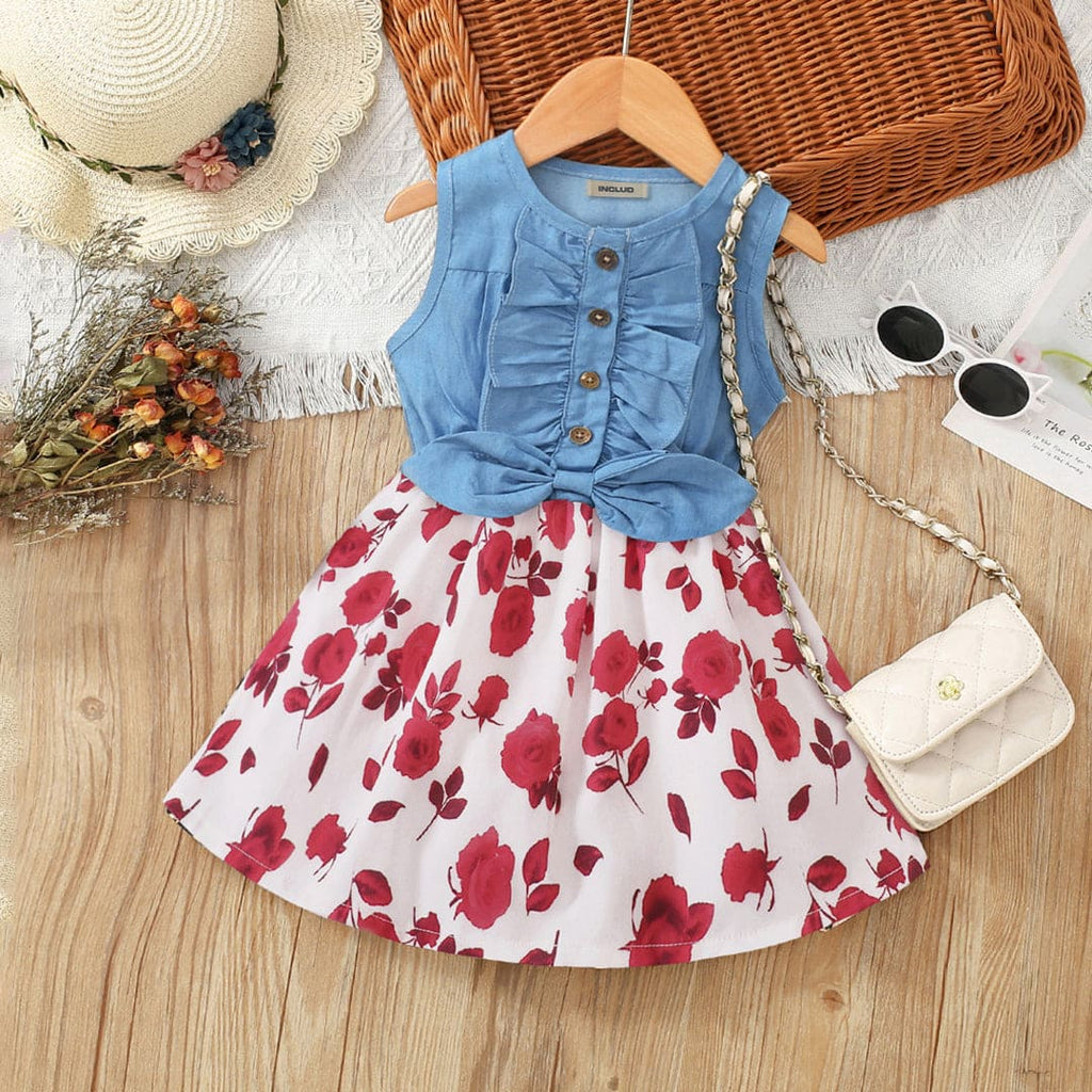 Girls Red Floral Print Sleeveless Fit & Flare Dress Casual Dresses Red 1-2 Y 