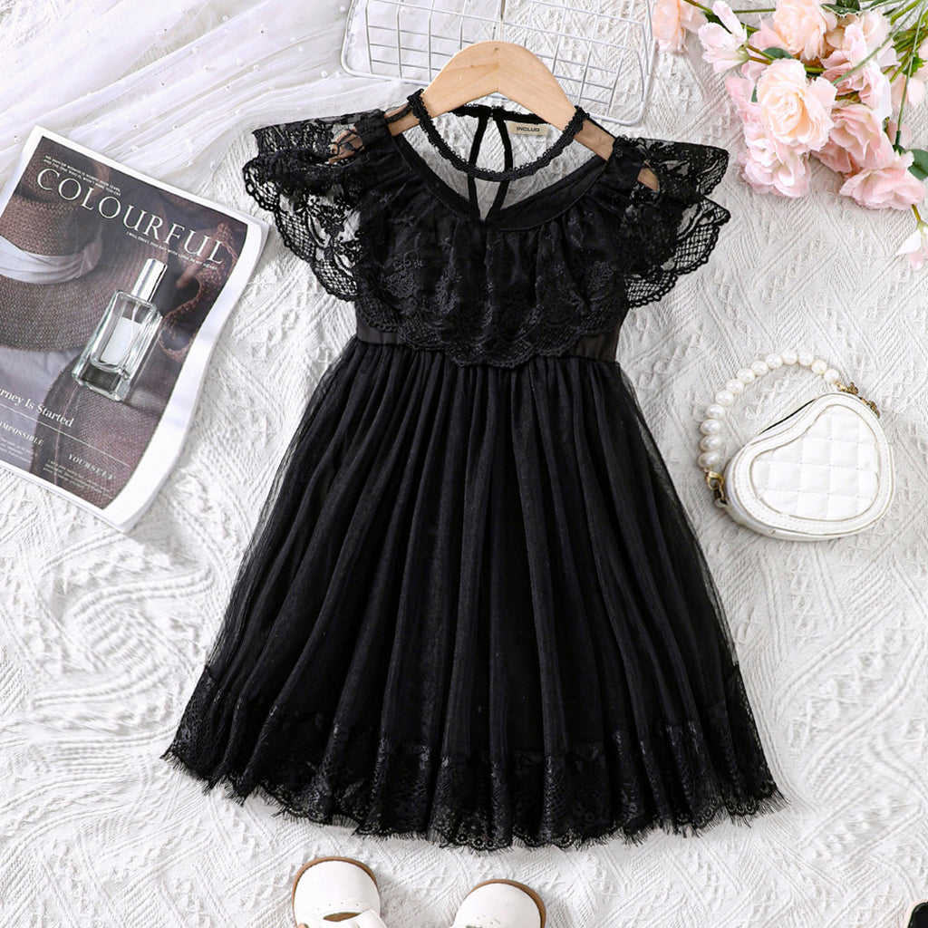 Girls Black Embroidered Spread Neck Fit & Flare Party Dress