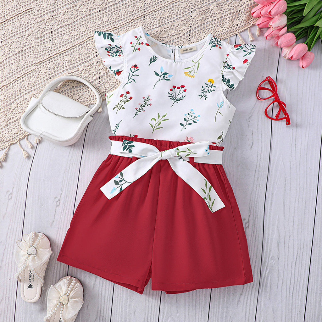 Girls Red Floral Print Top with Shorts Set