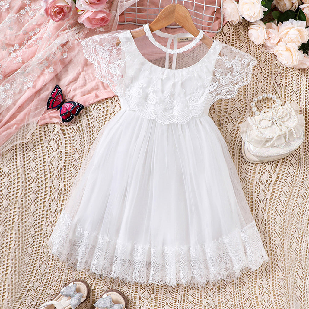 Girls White Embroidered Flared Neck Fit & Flare Party Dress