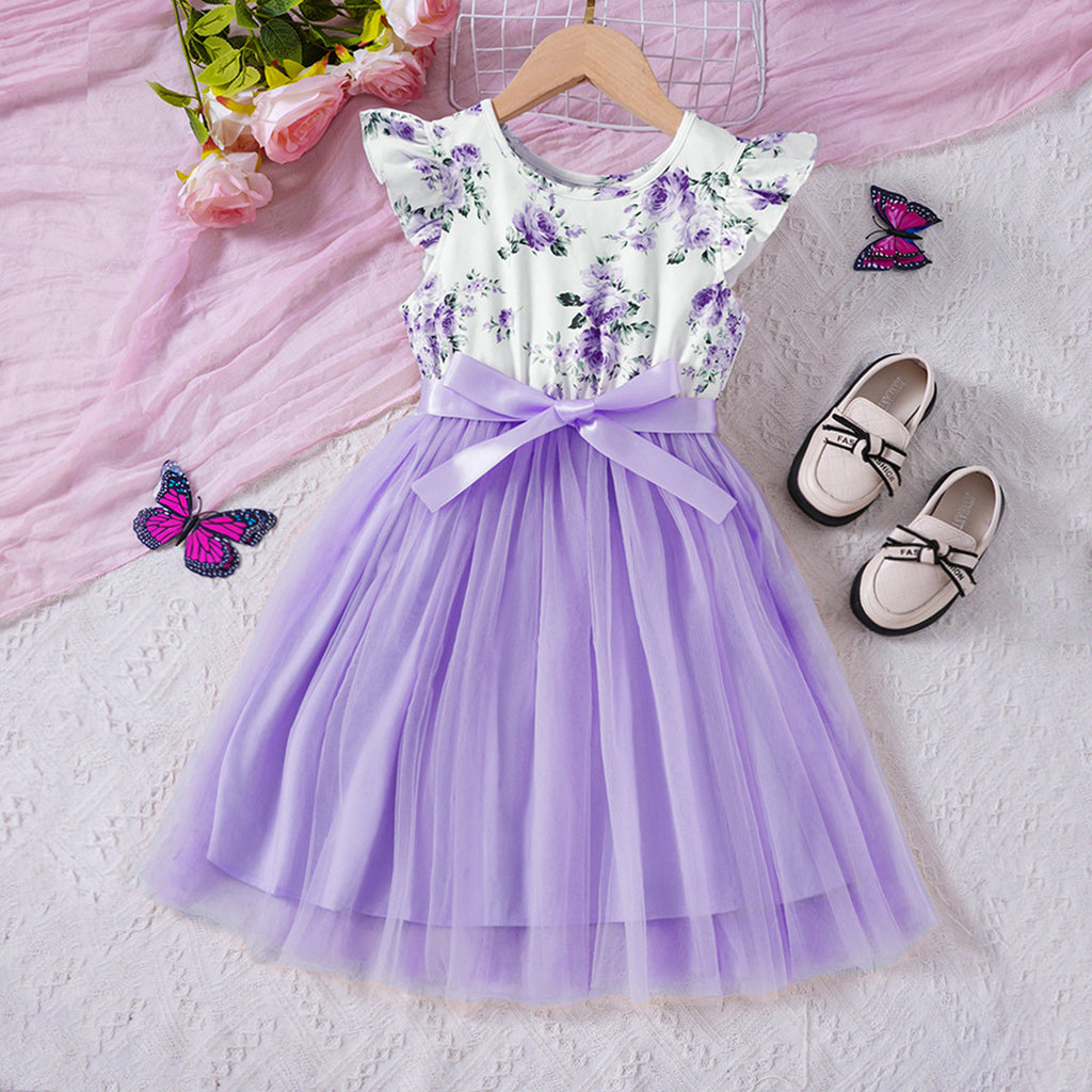 Girls Purple Floral Print Flared Sleeves Fit & Flare Dress