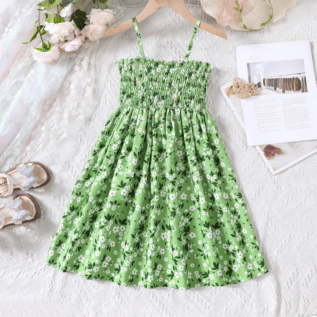 Girls Green Floral Print Smocky Fit & Flare Dress