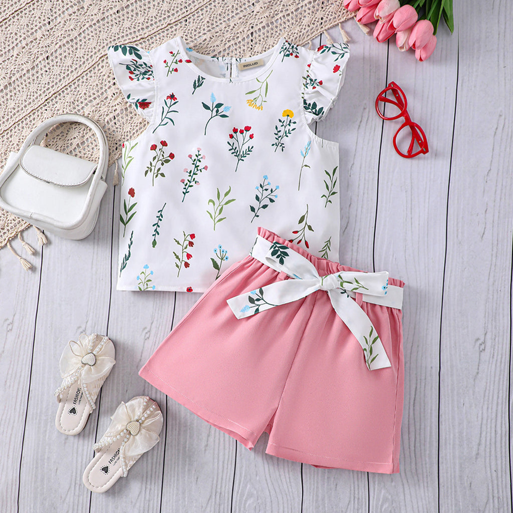 Girls Pink Floral Print Top with Shorts Set