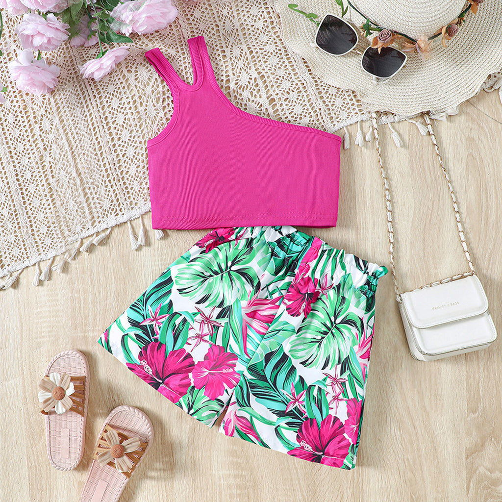 Girls One Shoulder Strap Knitted Top With Tropical Print Shorts Set