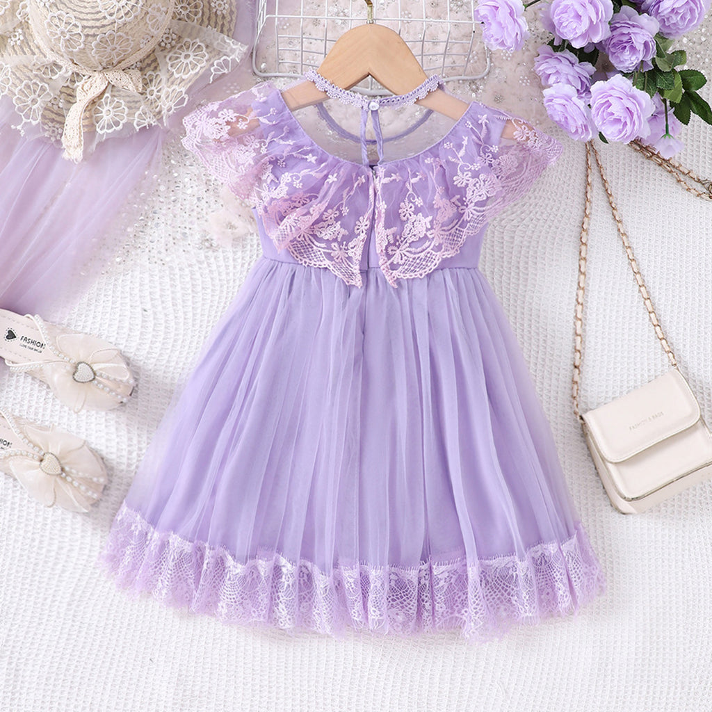 Girls Purple Embroidered Spread Neck Fit & Flare Party Dress