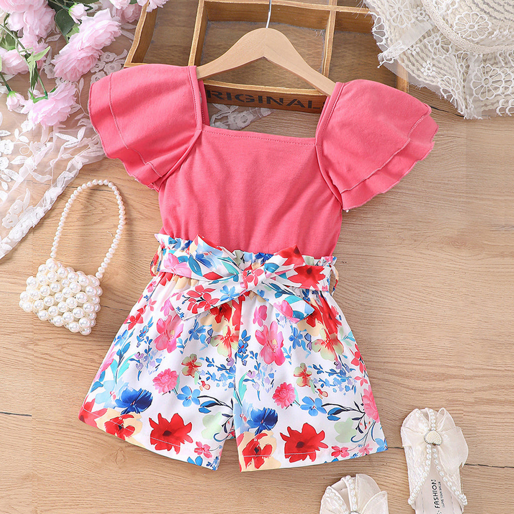 Girls Flared Sleeves Top With Floral Print Shorts Set