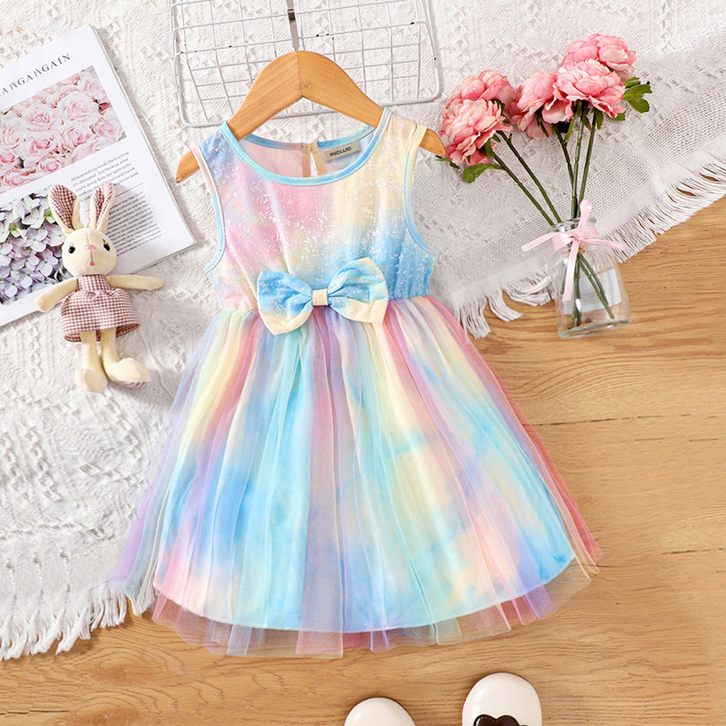 Girls Rainbow Print Sleeveless Fit & Flare Dress With Bow