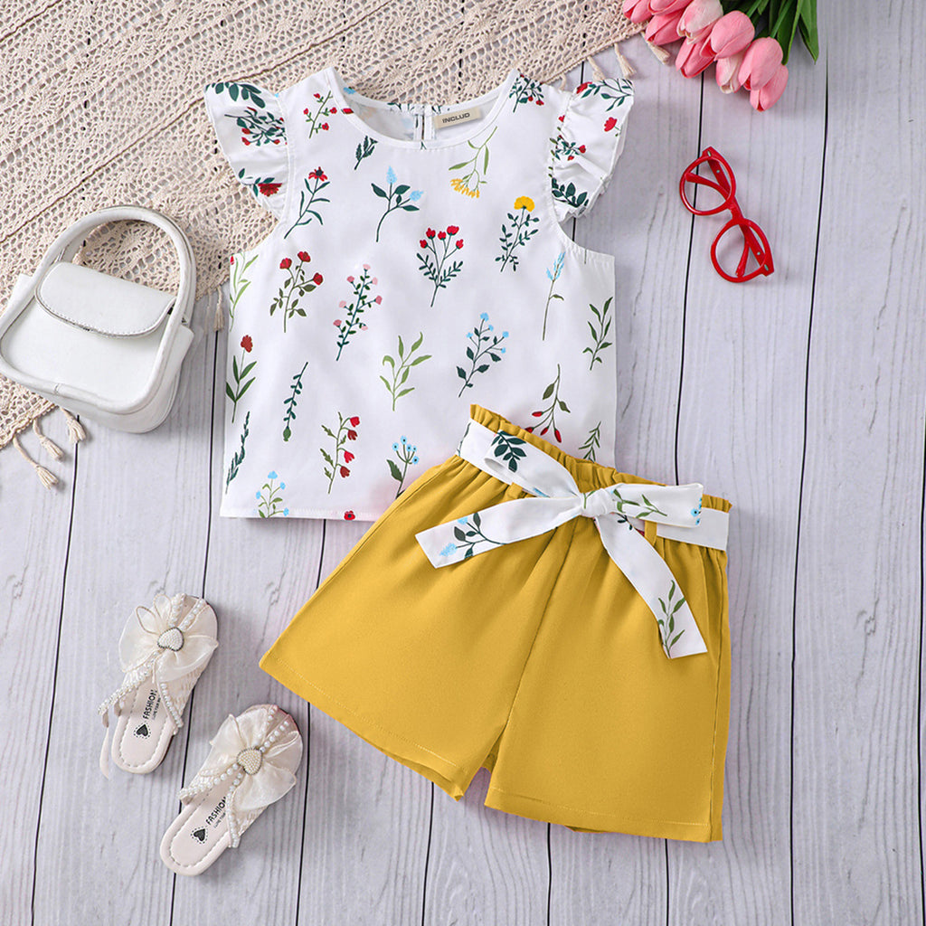 Girls Yellow Floral Print Top with Shorts Set
