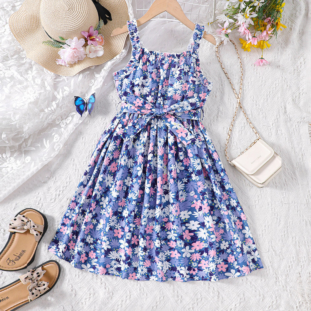 Girls Blue Floral Sleeveless Fit & Flare Dress