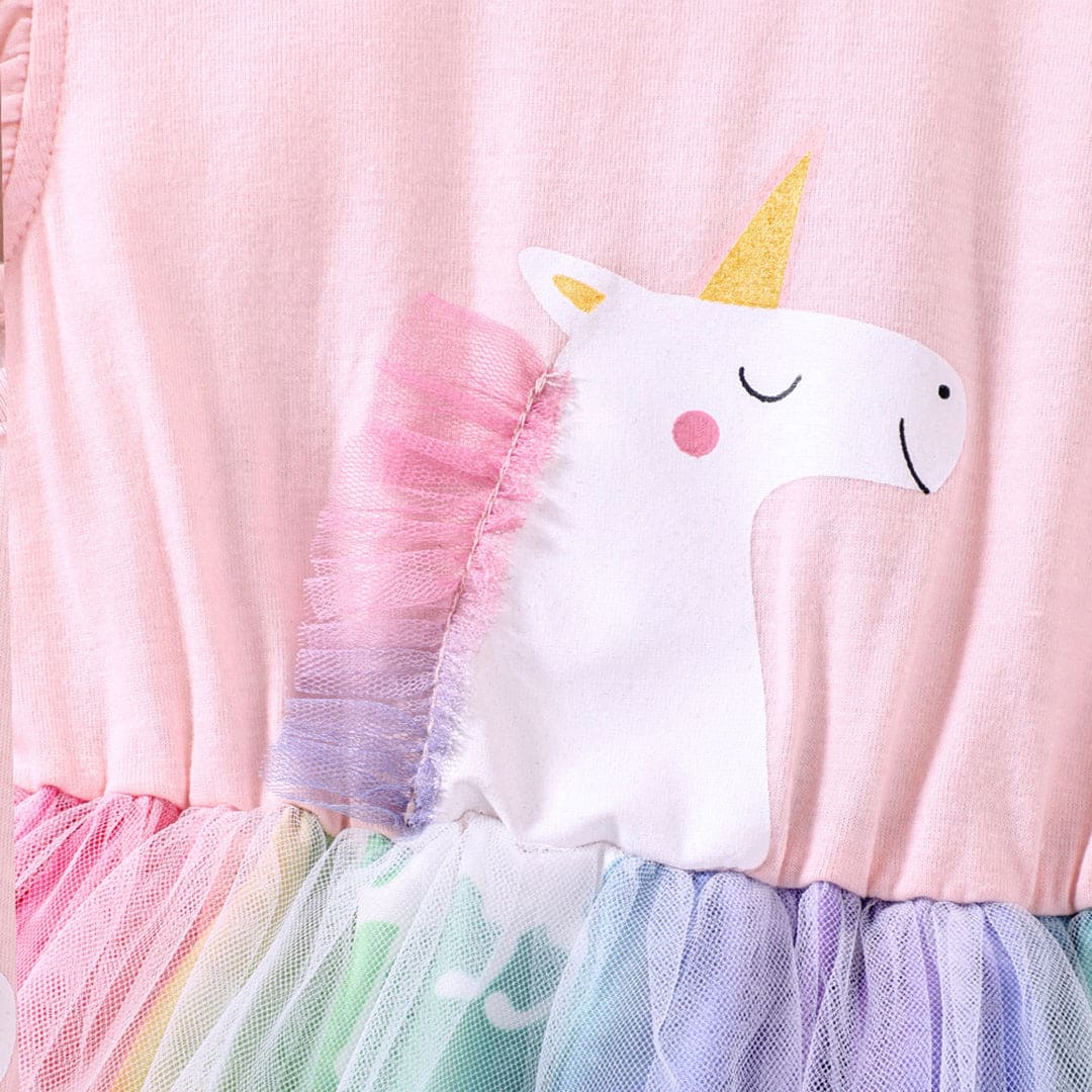 Girls Pink Unicorn Print Flared Sleeves Fit & Flare Dress Casual Dresses   