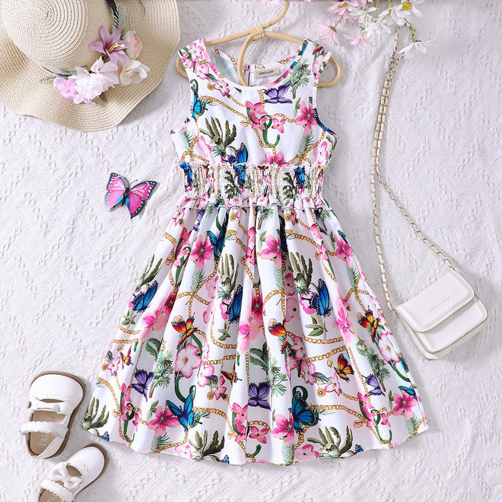 Girls Multicolor Sleeveless Floral Print Fit & Flare Dress