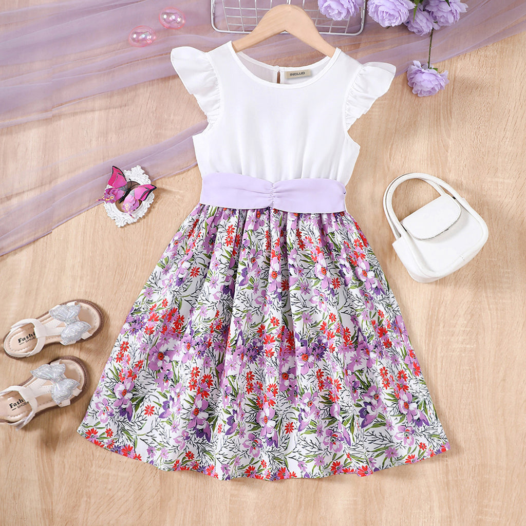 Girls Purple Floral Print Fit & Flare Dress