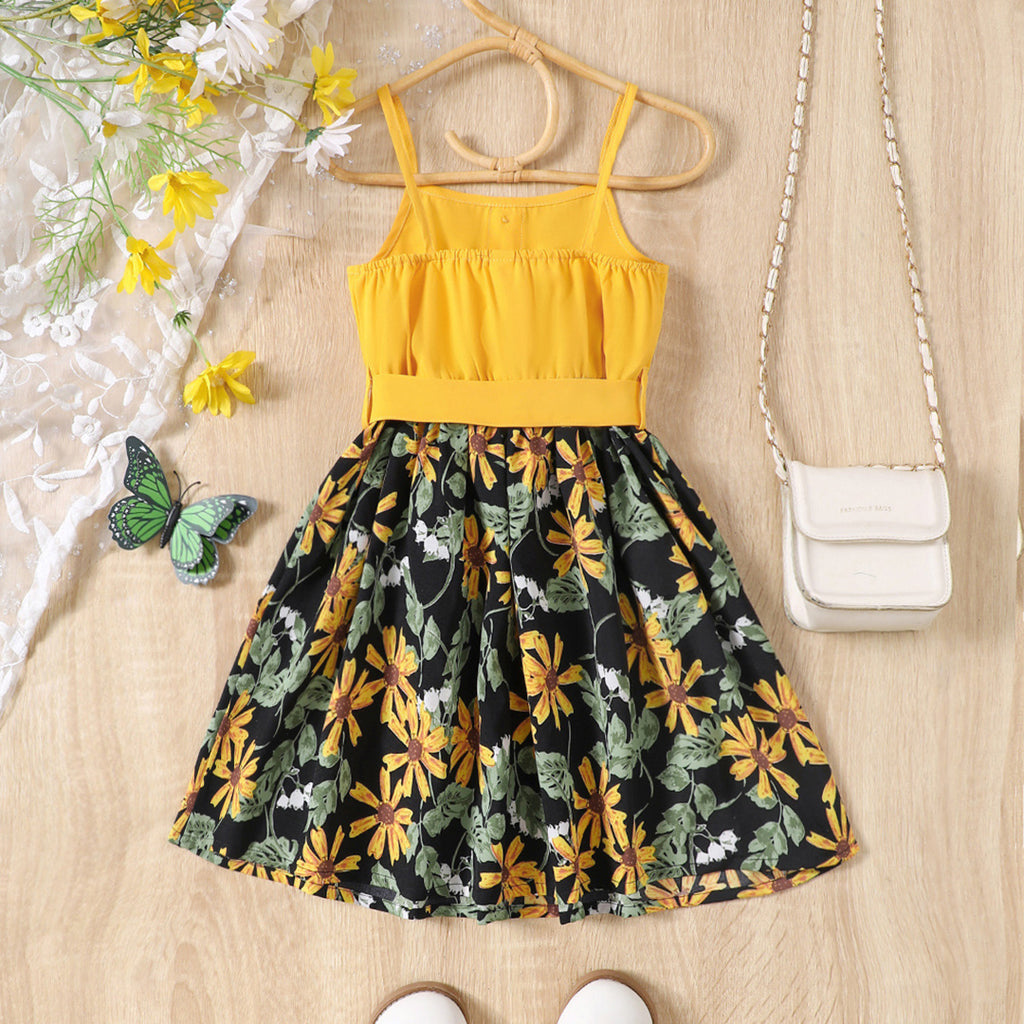 Girls Yellow Floral Print Sleeveless Fit & Flare Dress