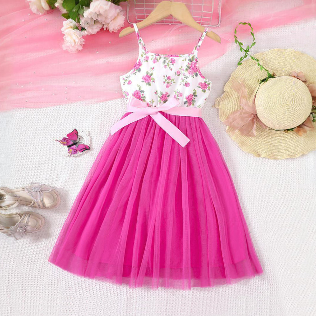 Girls Fuchsia Floral Print Sleeveless Fit & Flare Dress