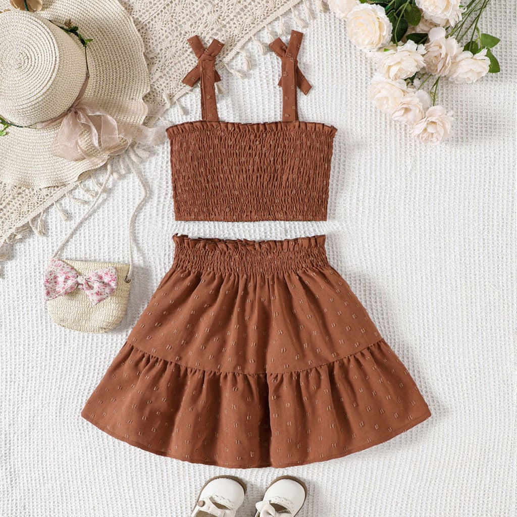 Girls Swiss Dot Smocked Shoulder Strap Top with Skirt Set Sets Brown 5-6 Y 