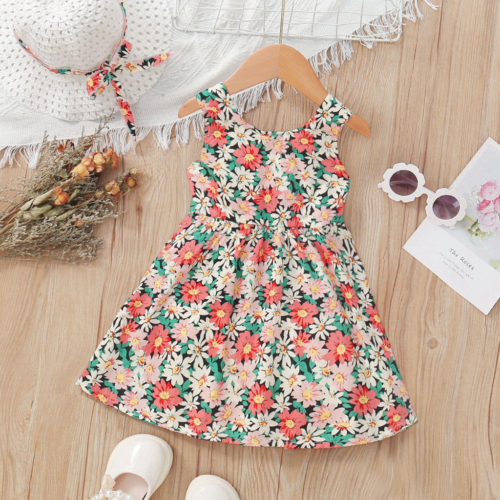 Girls Bow Applique Floral Print Sleeveless Dress