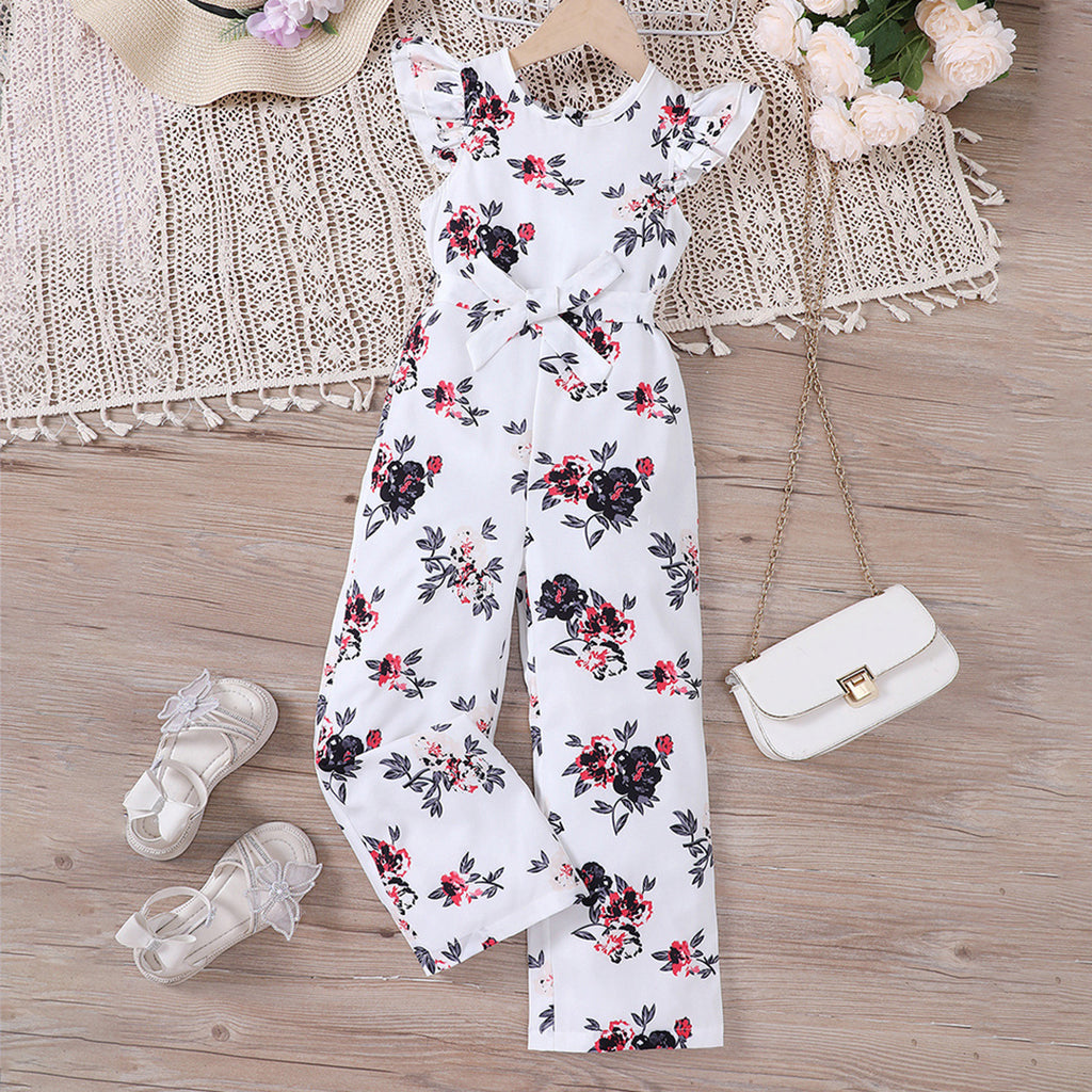 Girls White Floral Print Flared Sleeves Jumpsuit