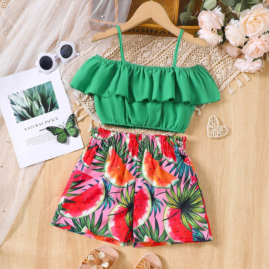 Girls Sleeveless Top With Printed Shorts Set Sets Green 5-6 Y 