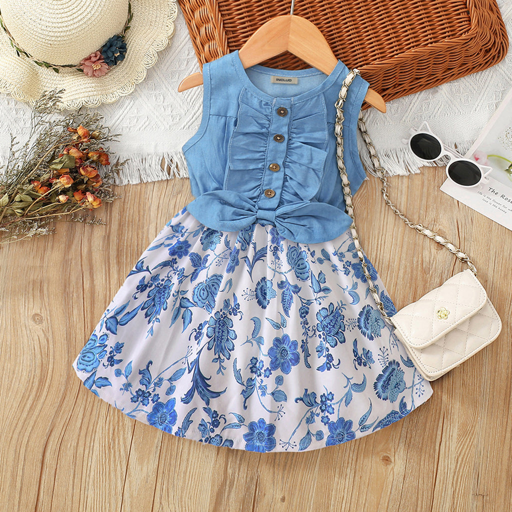 Girls Blue Floral Print Sleeveless Fit & Flare Dress