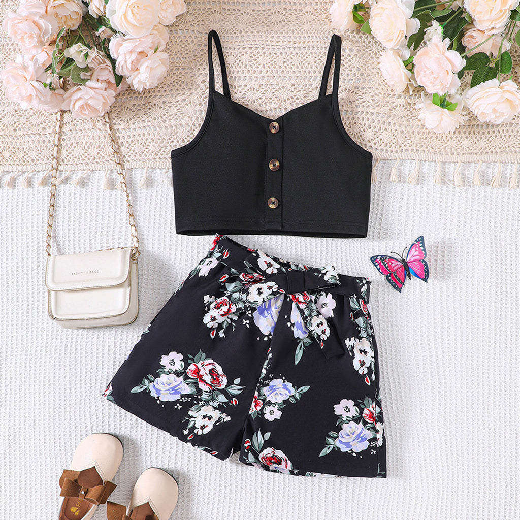 Girls Strappy Crop Top with Floral Print Shorts Set