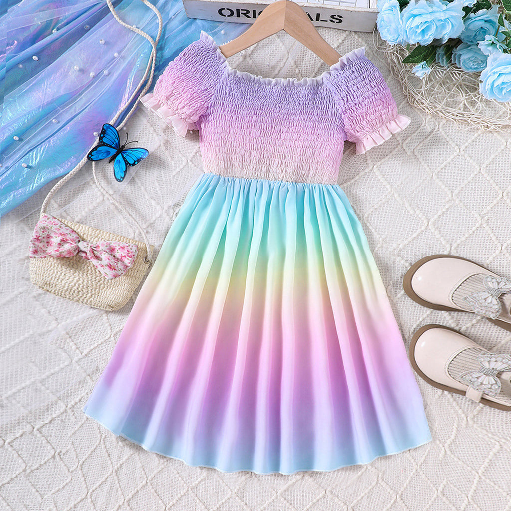 Girls Smocked Ombre Puff Sleeves Fit & Flare Dress