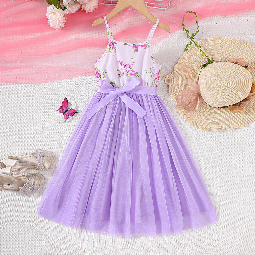 Girls Purple Floral Print Sleeveless Fit & Flare Dress