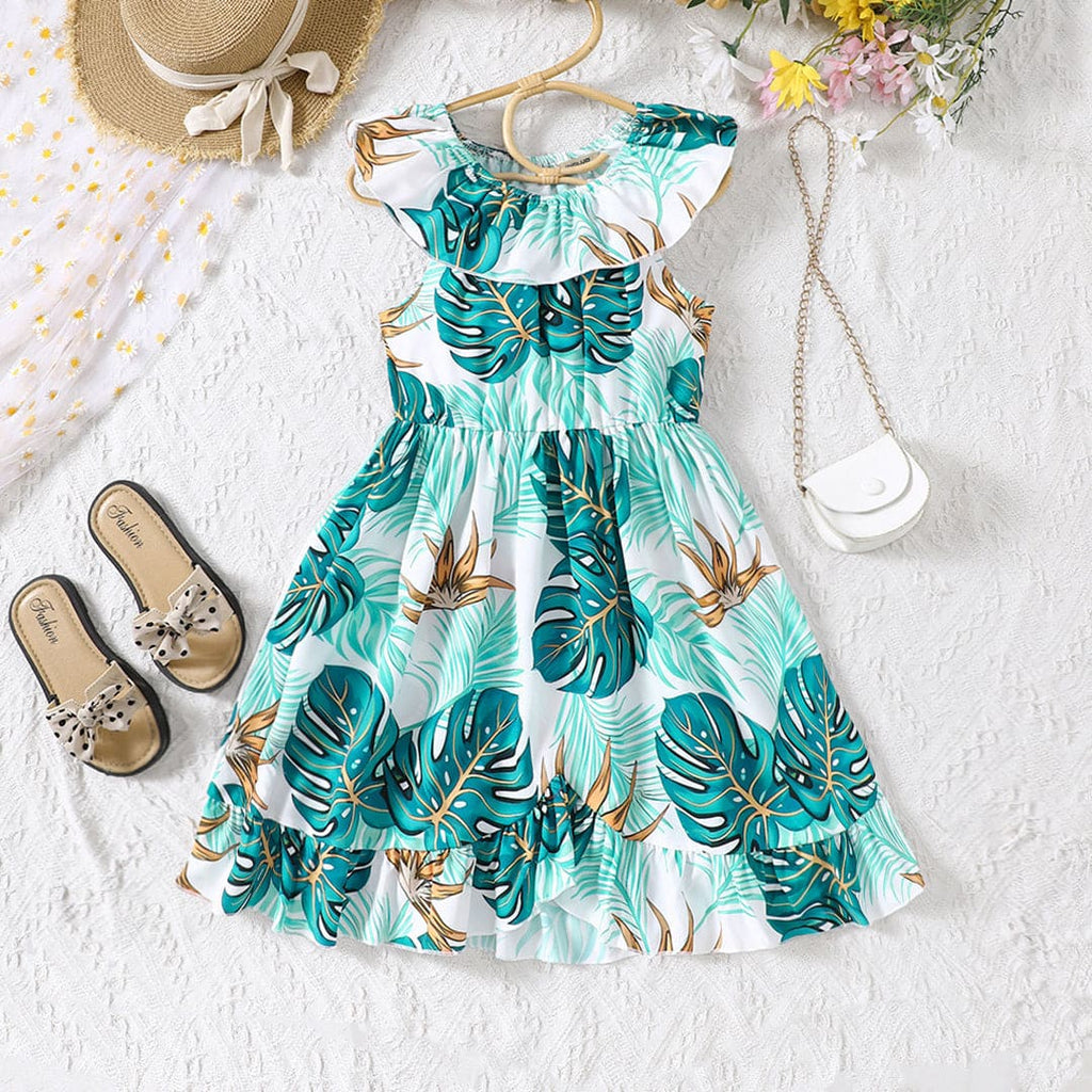 Girls Leaf Print Off Shoulder Sleeveless Dress Casual Dresses Green 5-6 Y 