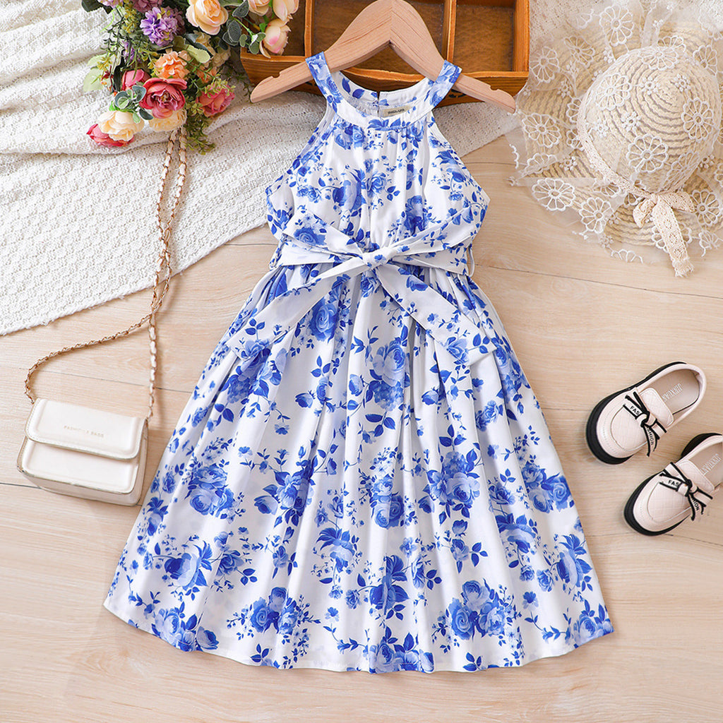 Girls Blue Floral Print Halter Neck Dress