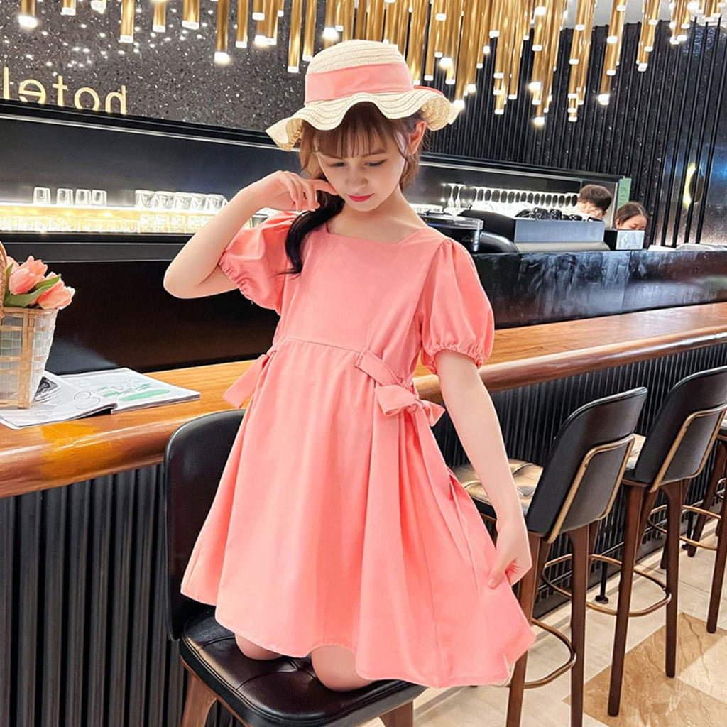 Girls Pink Casual Fit & Flare Dress with Criss-Cross Back & Hat