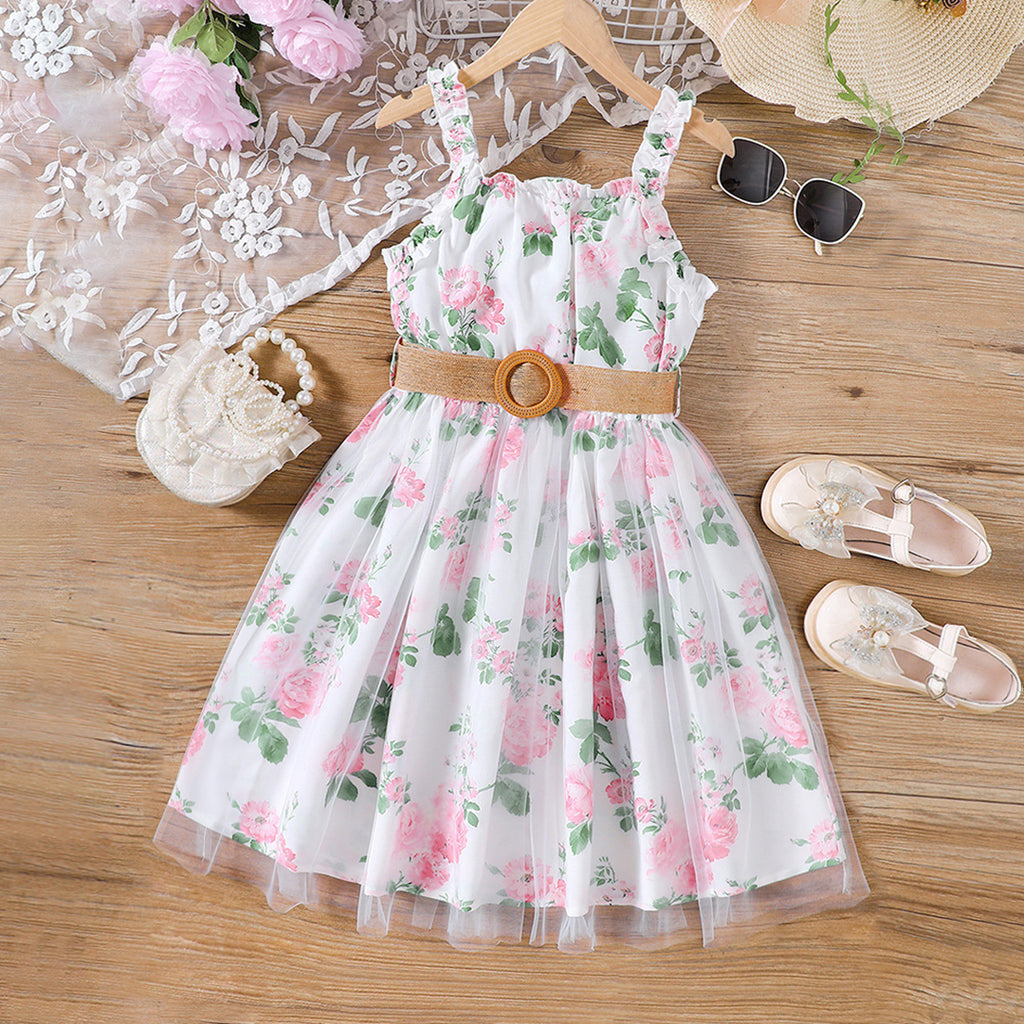 Girls White Floral Print Fit & Flare Dress