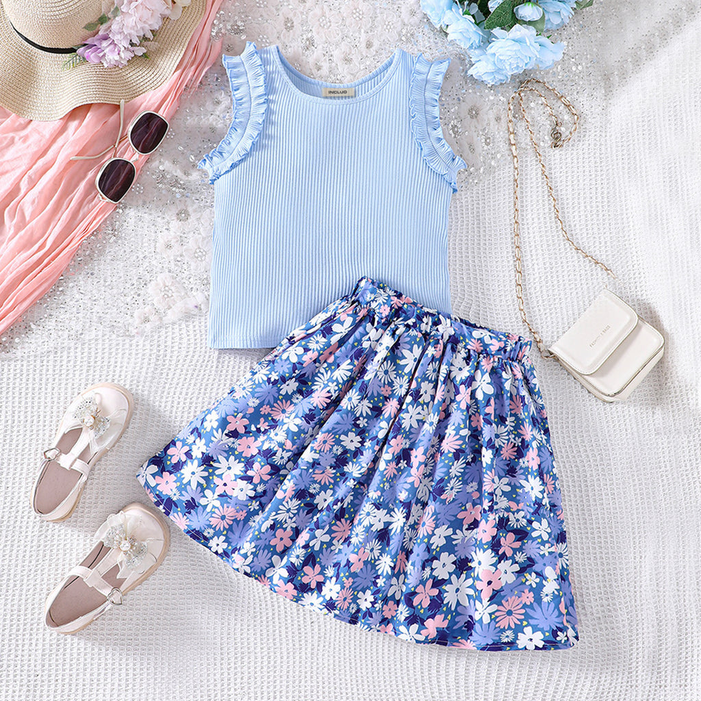 Girls Blue Knitted Top With Floral Print Skirt Set