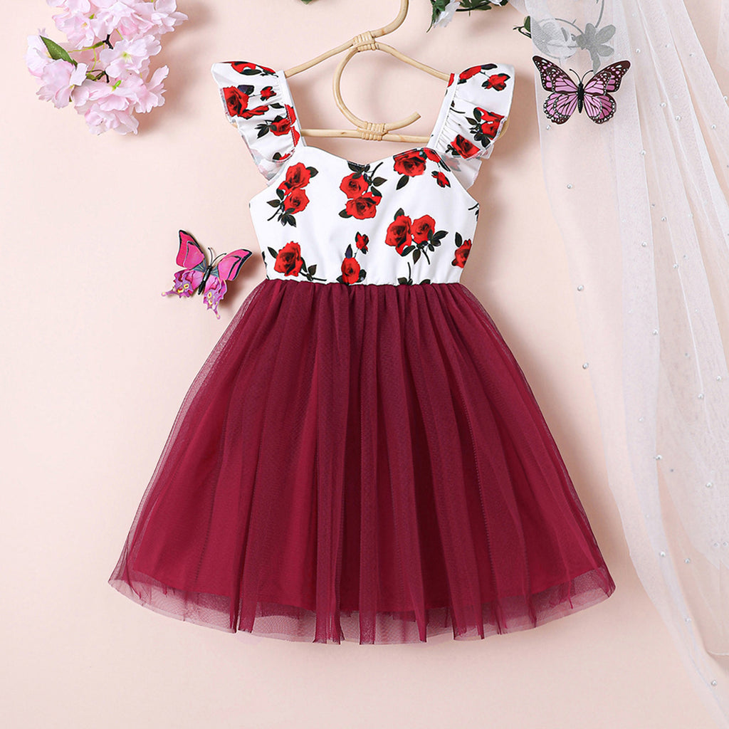 Girls Maroon Floral Print Short Sleeves Fit & Flare Dress