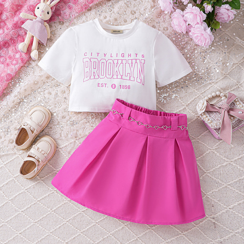 Girls Printed T-shirt with Pleated Skirt Set