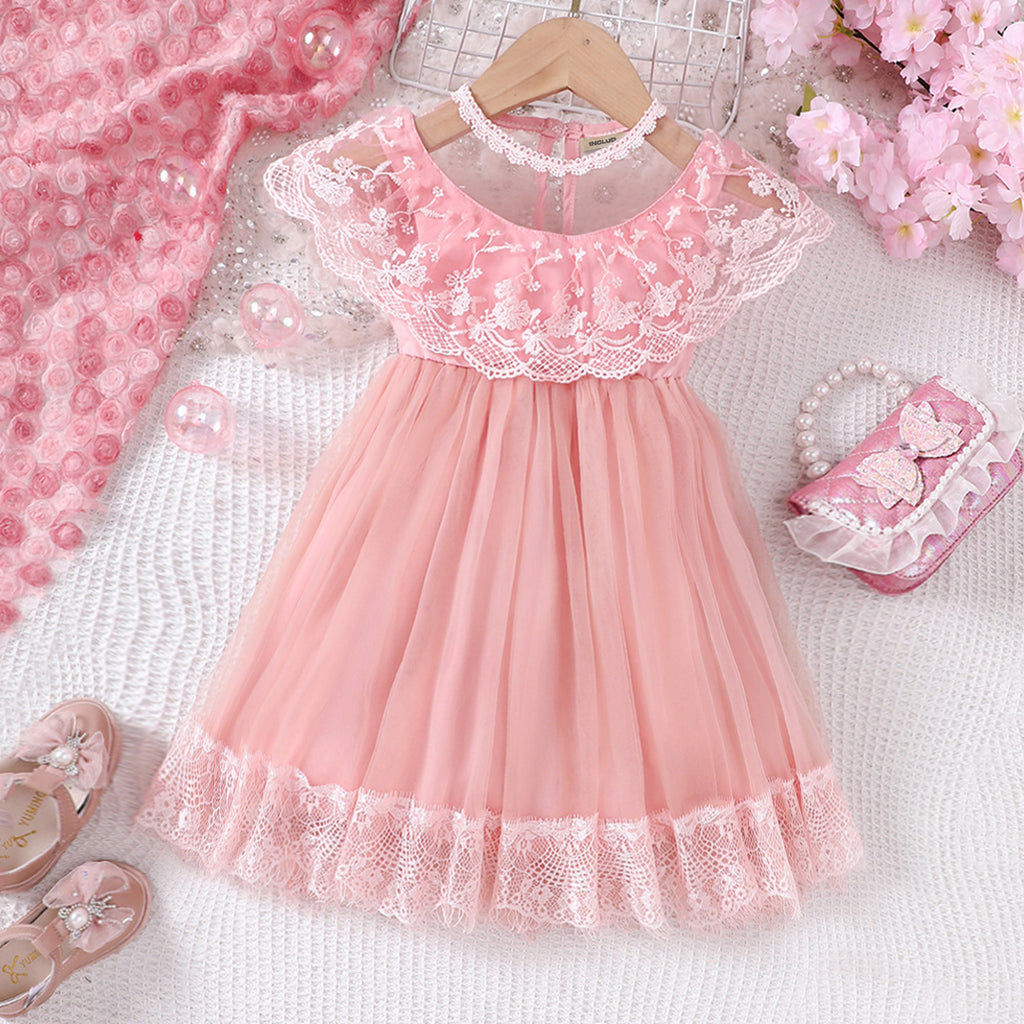 Girls Pink Embroidered Spread Neck Fit & Flare Party Dress