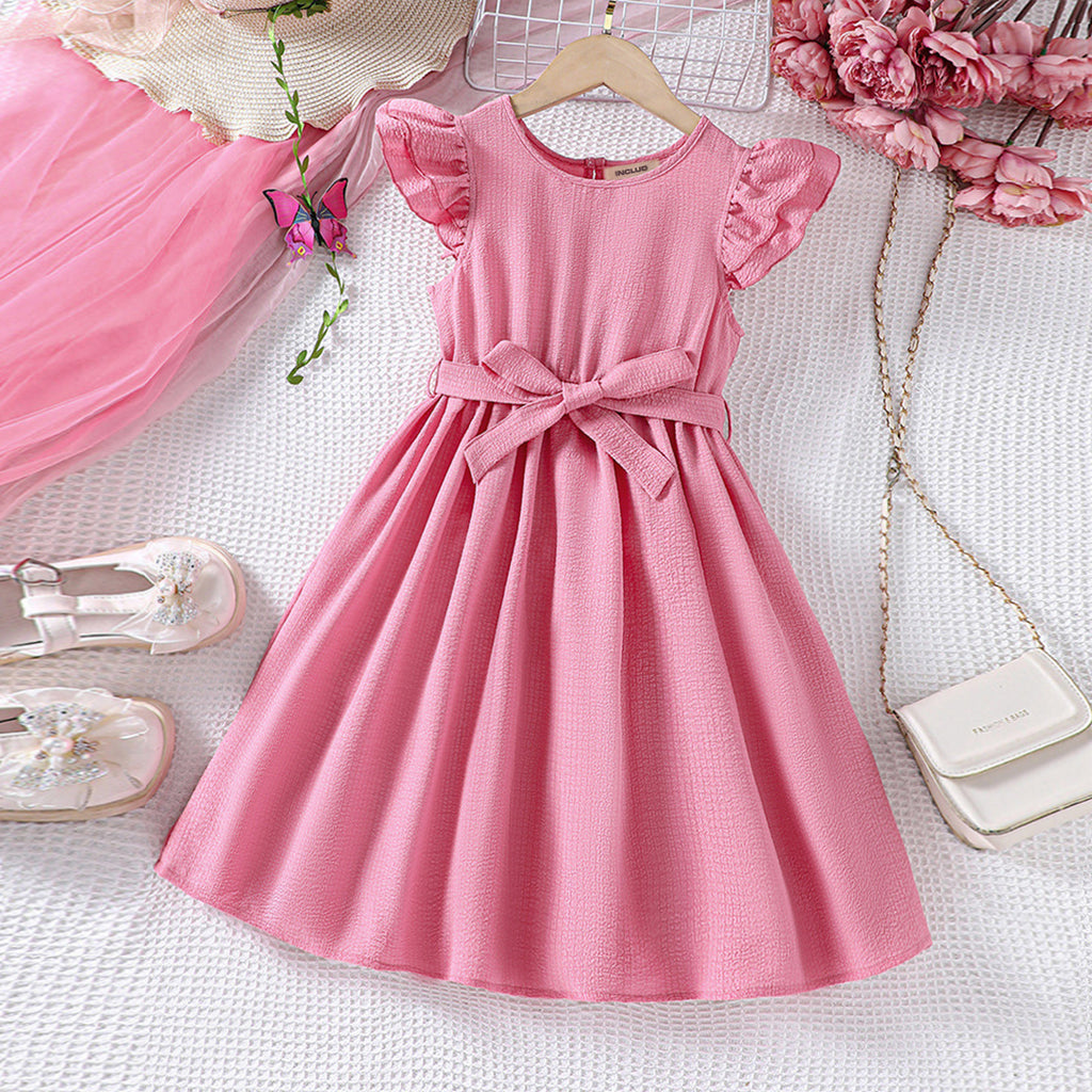 Girls Pink Texture Flared Sleeves Fit & Flare Dress